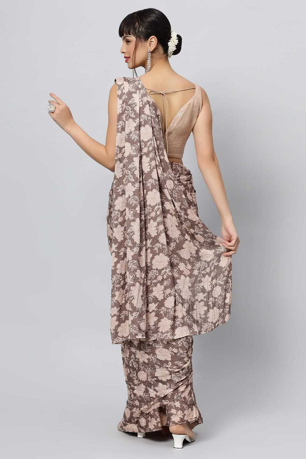 Shop Chloe Beige Georgette Floral Sequins One Minute Saree at best offer at our  Store - One Minute Saree