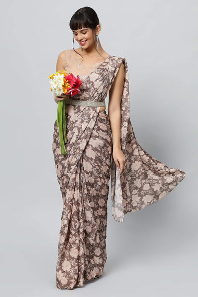 Buy Chloe Beige Georgette Floral Sequins One Minute Saree Online - Back