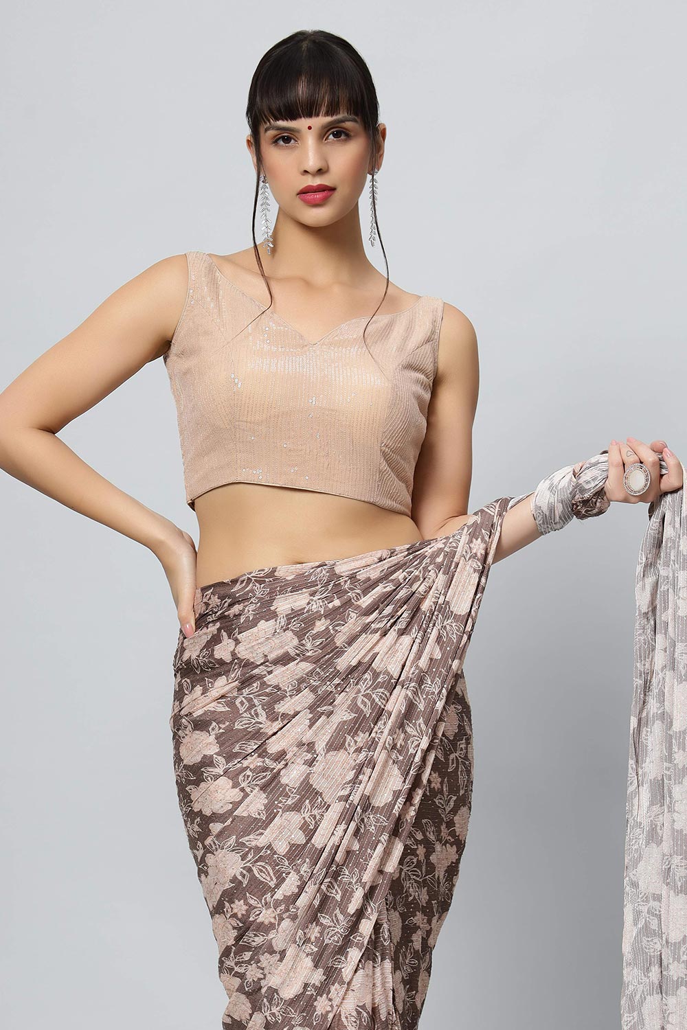 Buy Chloe Beige Georgette Floral Sequins One Minute Saree Online - Front