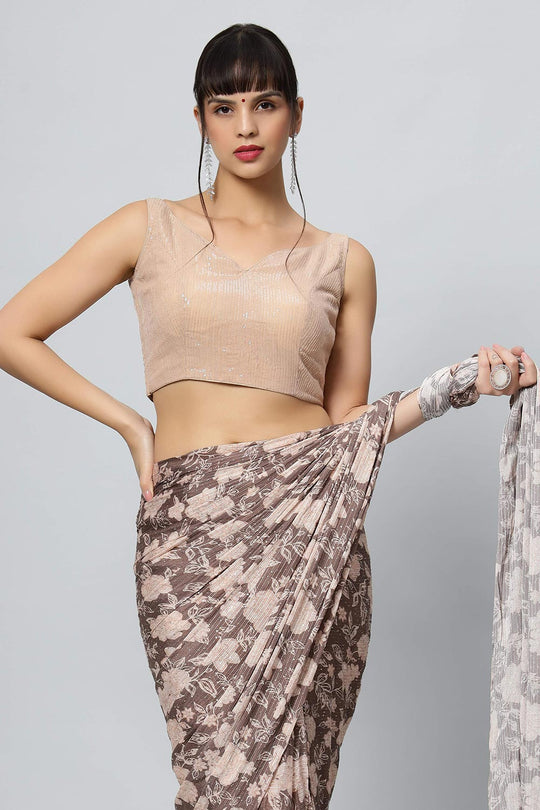 Buy Chloe Beige Georgette Floral Sequins One Minute Saree Online - Front