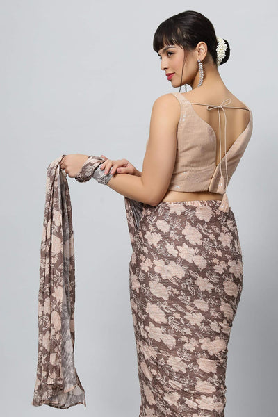 Buy Chloe Beige Georgette Floral Sequins One Minute Saree Online - Side