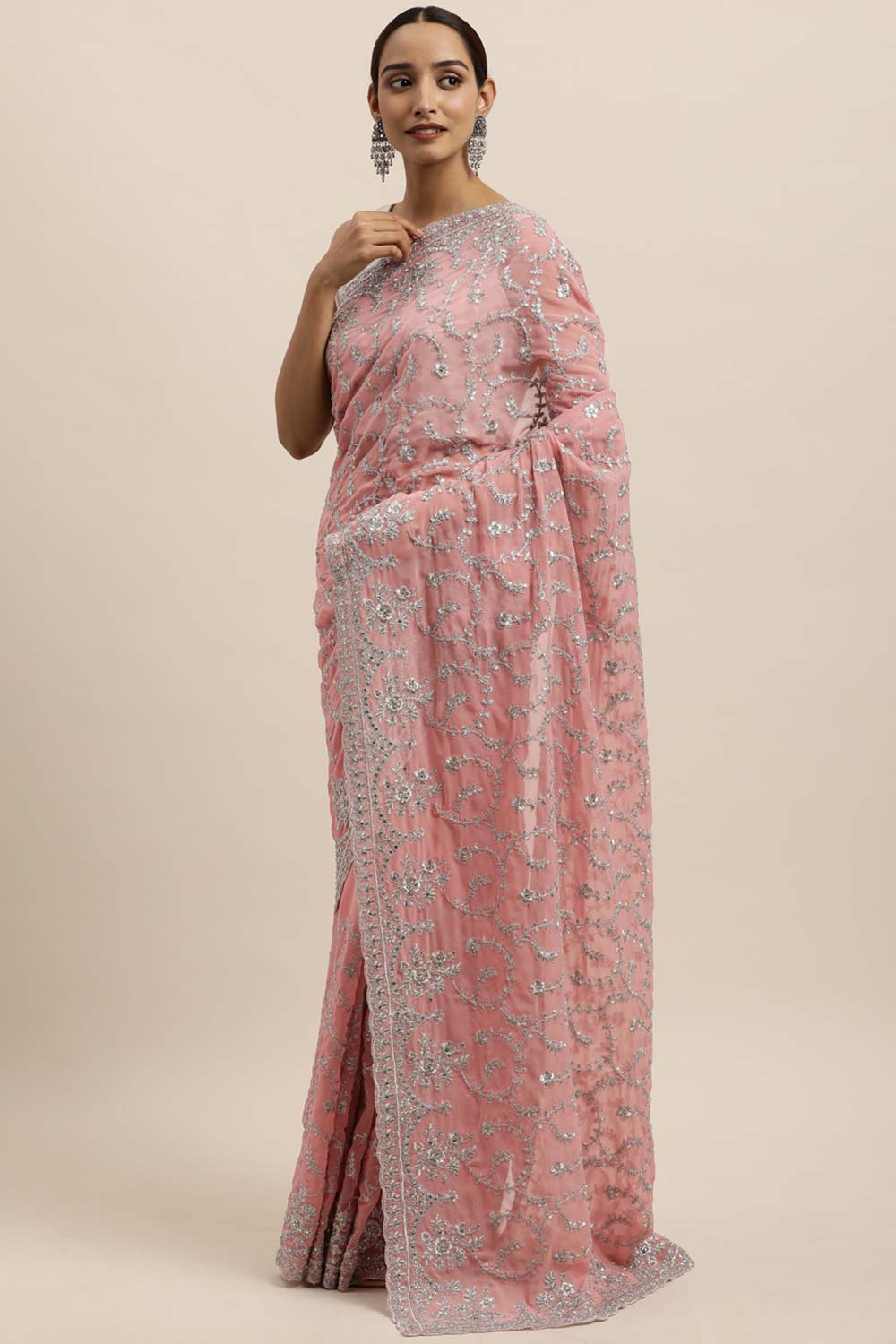 Shop Lavina Pink Embroidered Georgette One Minute Saree at best offer at our  Store - One Minute Saree