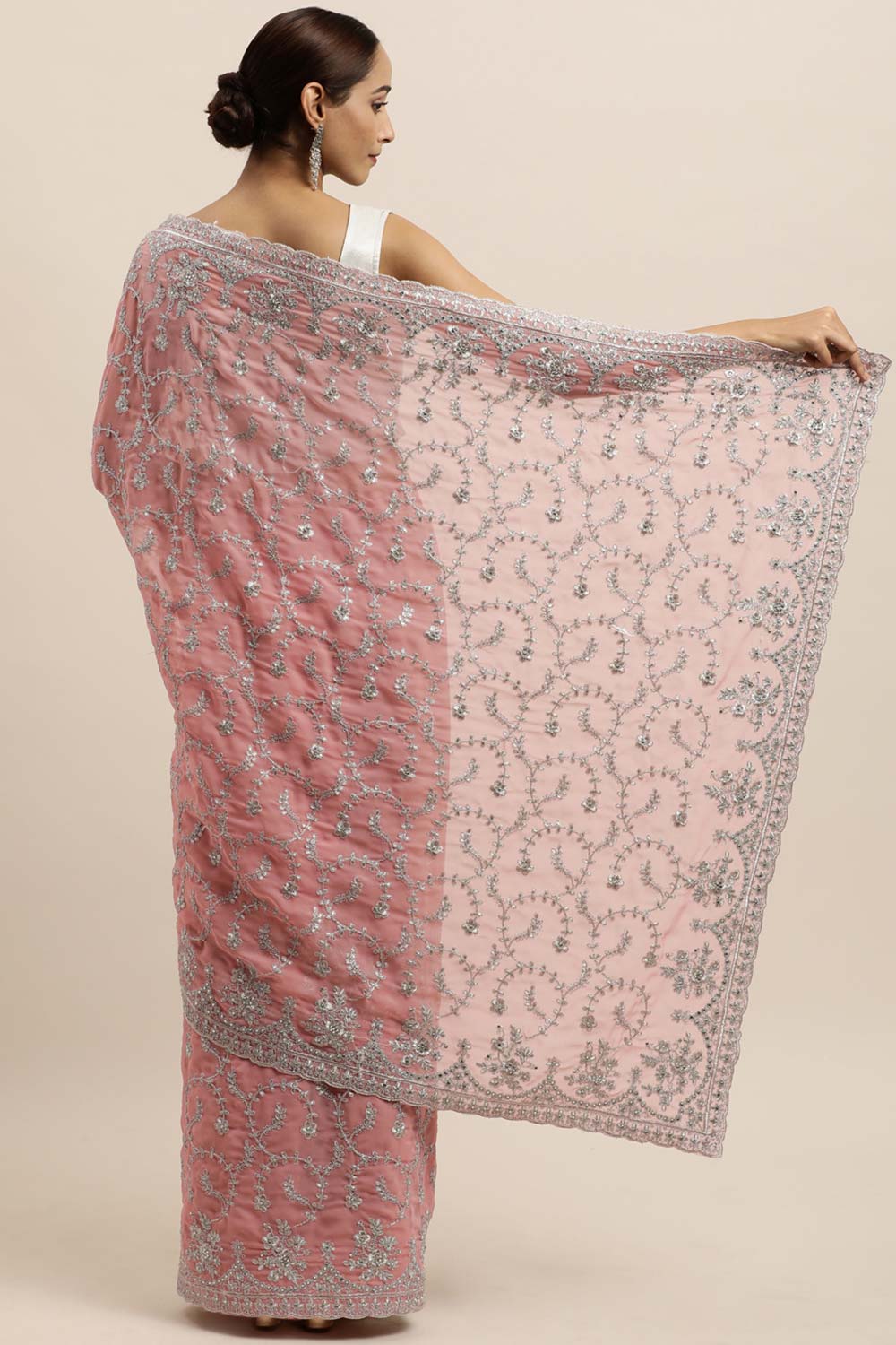 Buy Lavina Pink Embroidered Georgette One Minute Saree Online