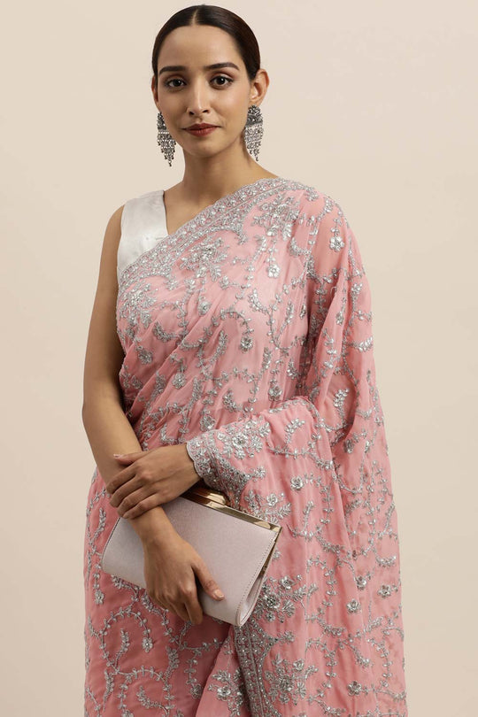 Buy Lavina Pink Embroidered Georgette One Minute Saree Online - Back