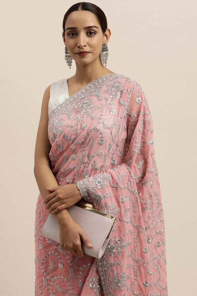 Buy Lavina Pink Embroidered Georgette One Minute Saree Online - Back