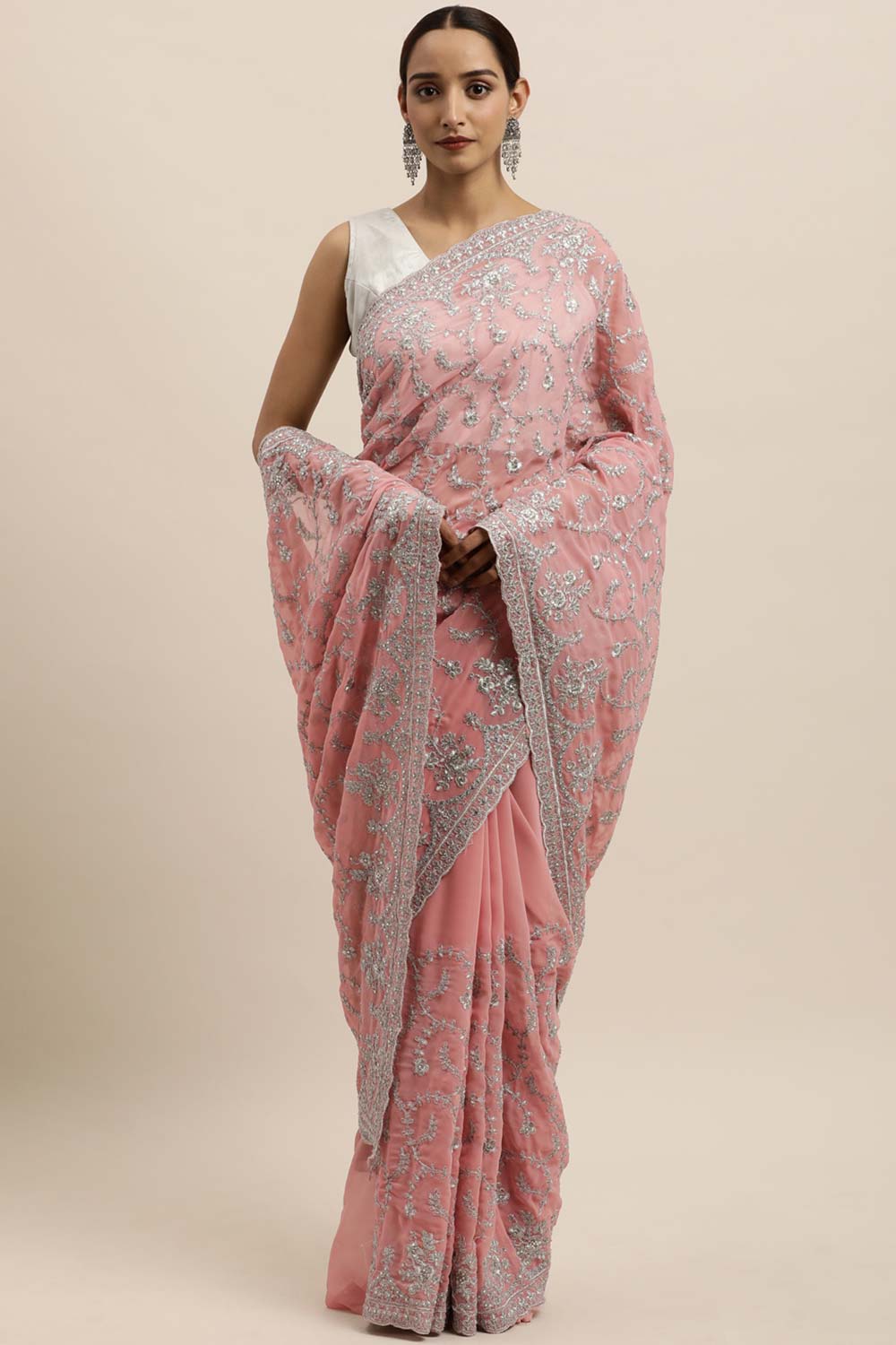Buy Lavina Pink Embroidered Georgette One Minute Saree Online - One Minute Saree