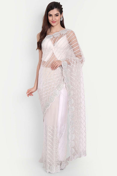 Buy Prachi White Net Thread Embroidered One Minute Saree Online - One Minute Saree