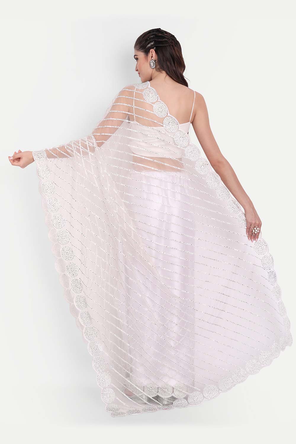 Buy Prachi White Net Thread Embroidered One Minute Saree Online