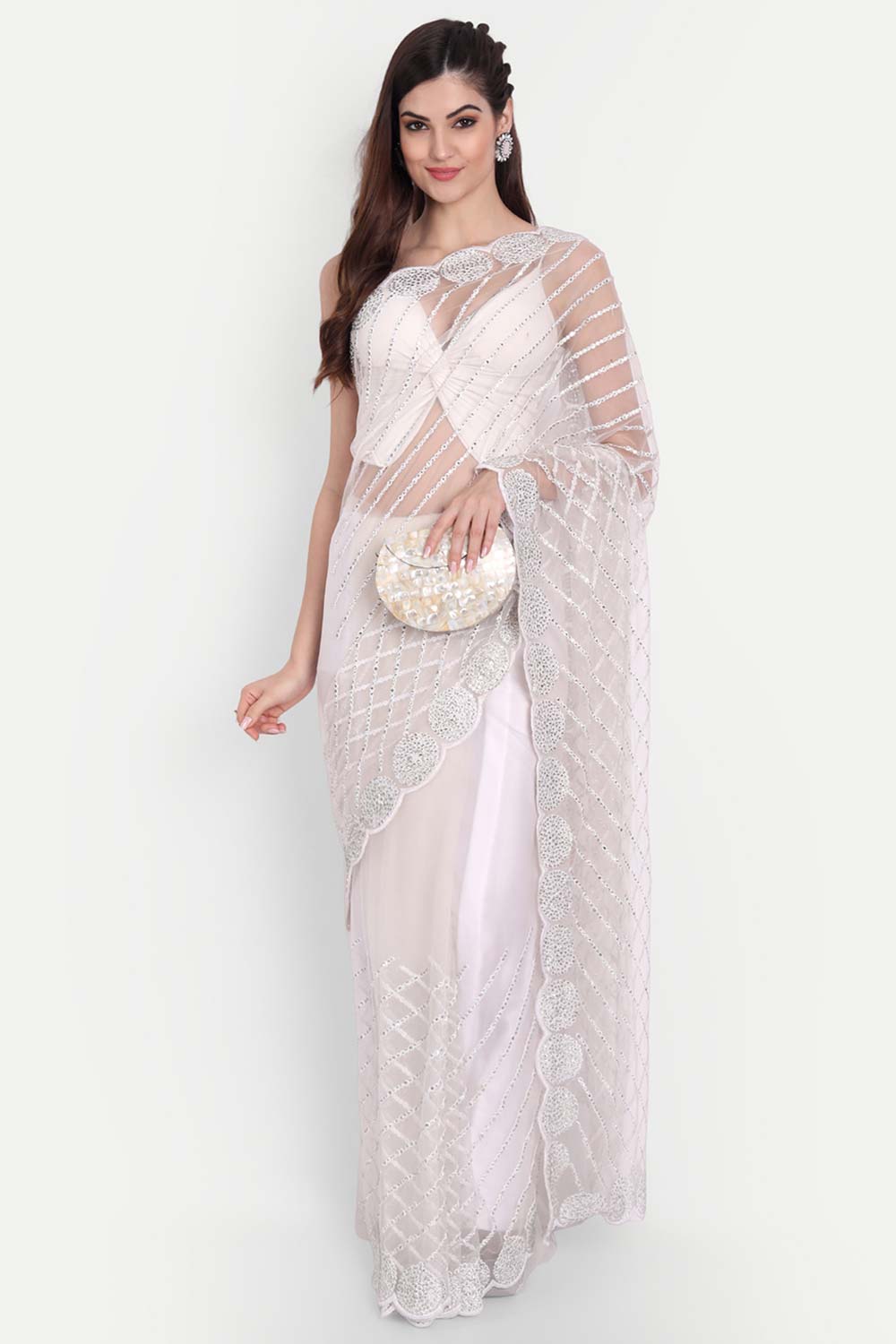 Buy Prachi White Net Thread Embroidered One Minute Saree Online - Front
