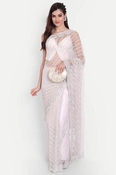 Buy Prachi White Net Thread Embroidered One Minute Saree Online - Front