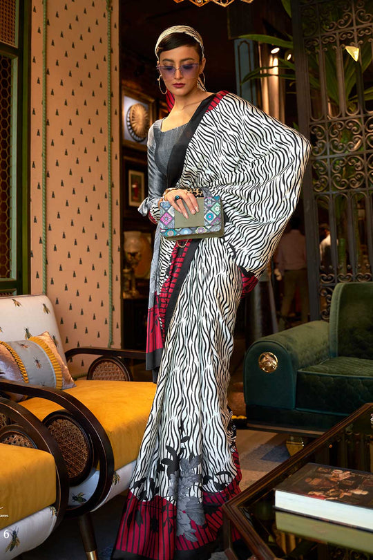 Buy Kalizey White Rose Floral Print Satin Saree Online - One Minute Saree