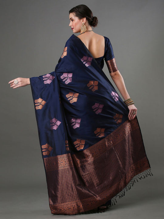Shop Sandhya Dark Blue Silk Blend Banarasi One Minute Saree at best offer at our  Store - One Minute Saree