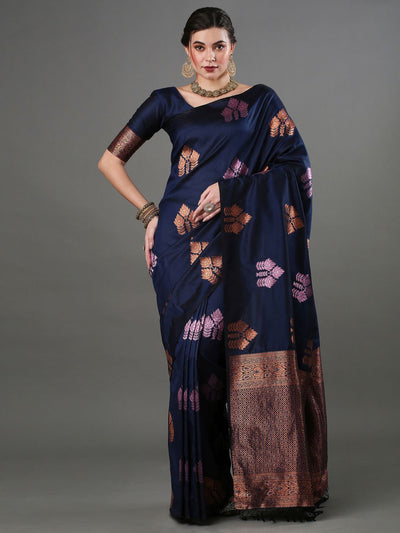 Buy Sandhya Dark Blue Silk Blend Banarasi One Minute Saree Online