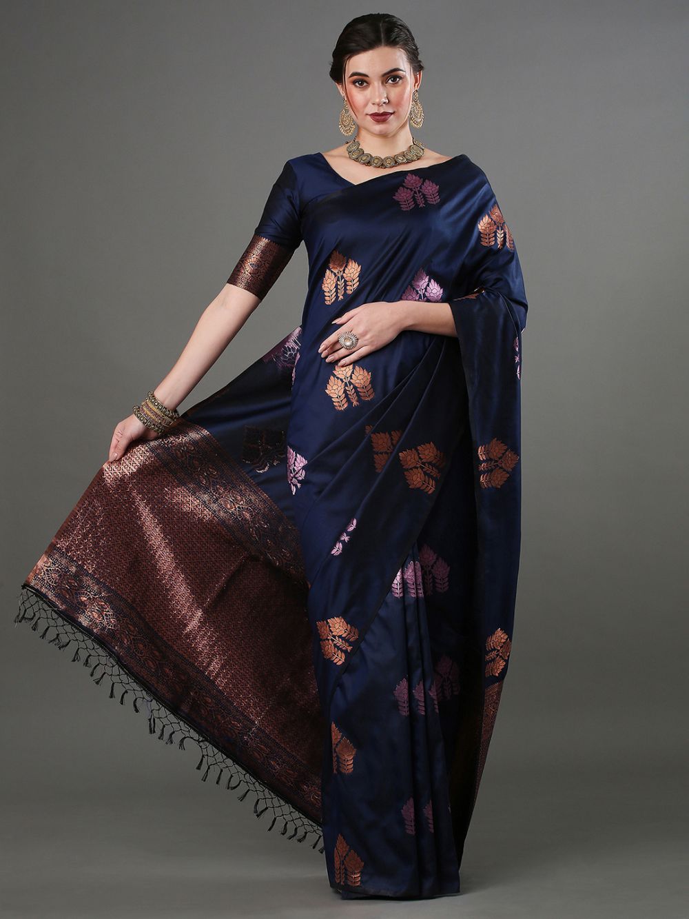 Buy Sandhya Dark Blue Silk Blend Banarasi One Minute Saree Online - Back