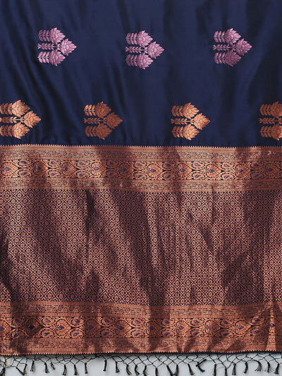 Buy Sandhya Dark Blue Silk Blend Banarasi One Minute Saree Online - Front