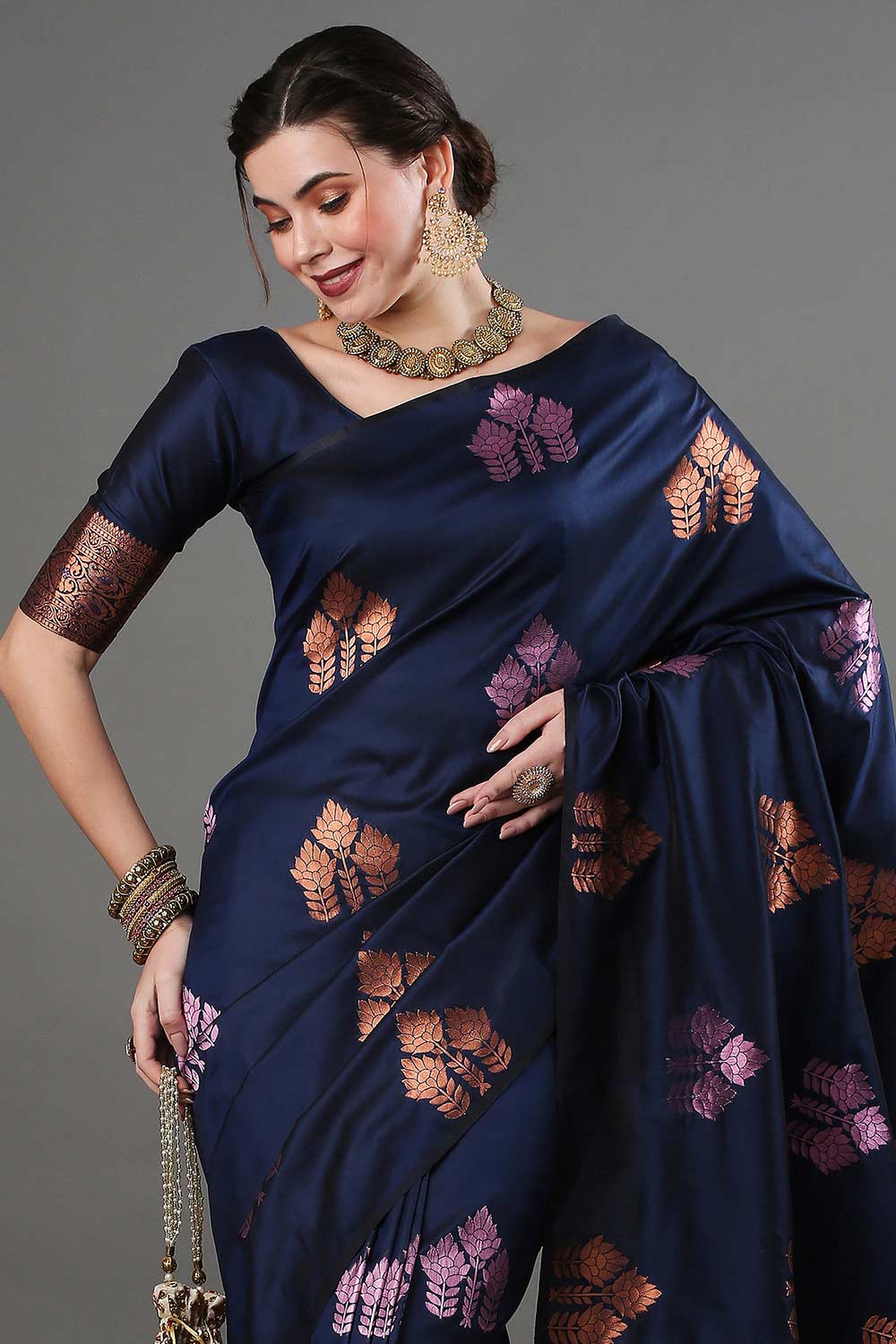 Buy Sandhya Dark Blue Silk Blend Banarasi One Minute Saree Online - One Minute Saree