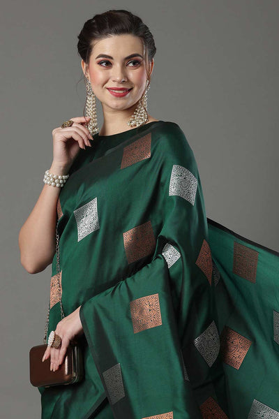 Buy Sara Dark Green Silk Blend Banarasi Bagh One Minute Saree Online - One Minute Saree