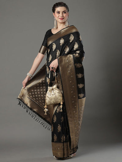 Buy Prachi Black Silk Blend Banarasi One Minute Saree Online - Back