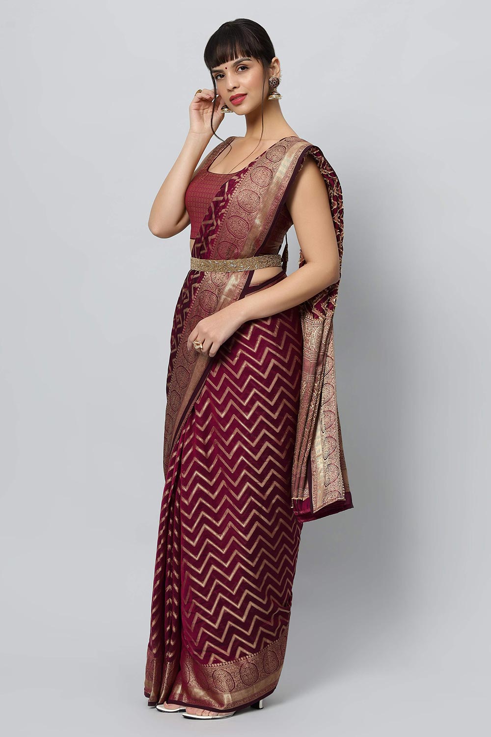 Buy Lucia Wine Gold Zigzag Embroidered Light One Minute Saree Online - One Minute Saree
