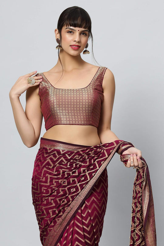 Buy Lucia Wine Gold Zigzag Embroidered Light One Minute Saree Online - Front