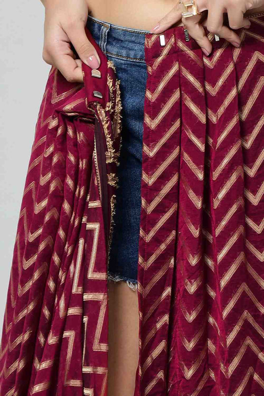 Buy Lucia Wine Gold Zigzag Embroidered Light One Minute Saree Online - Zoom In