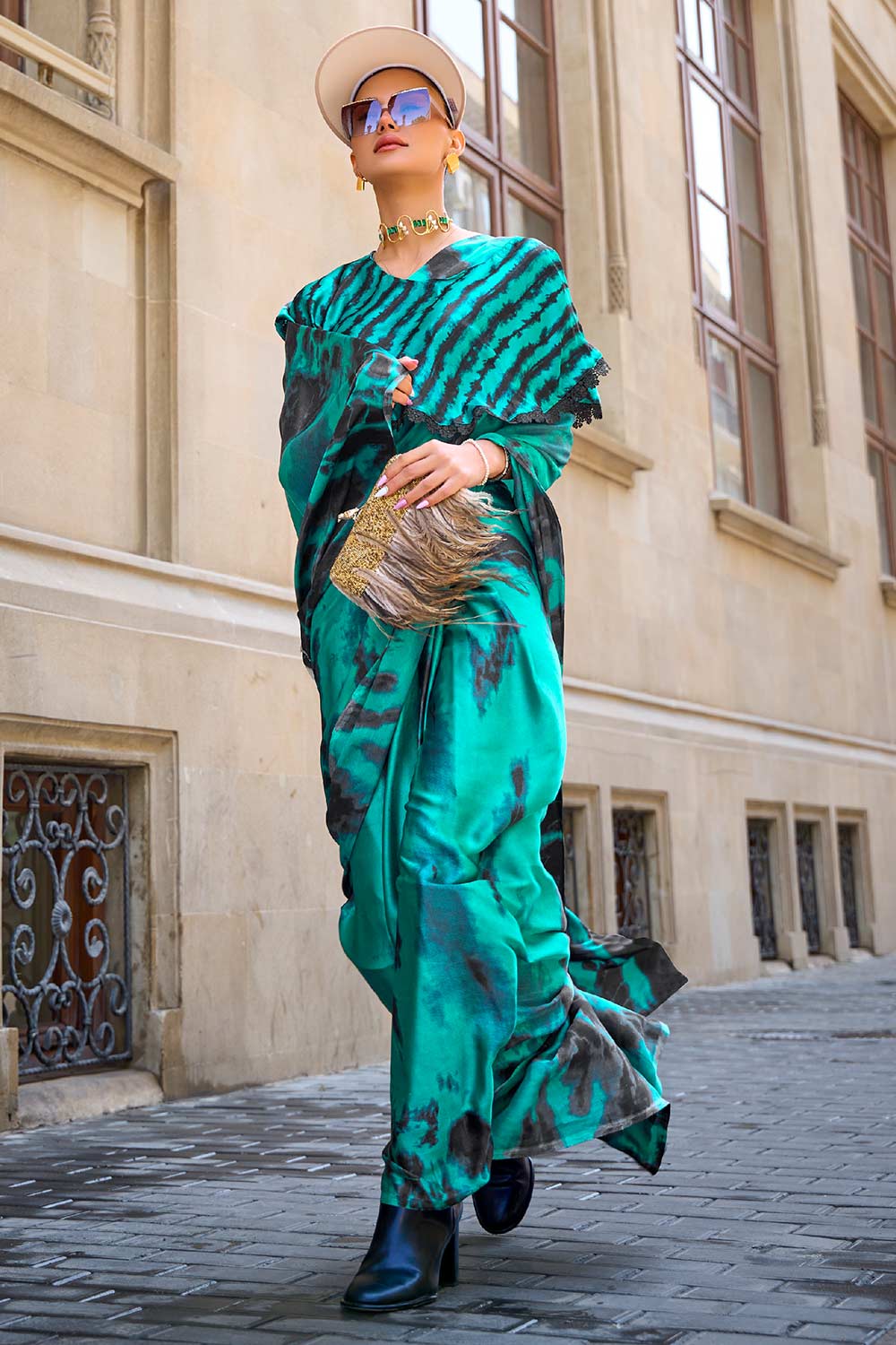 Buy Kubik Teal Abstract Print Satin Crepe Saree Online - One Minute Saree