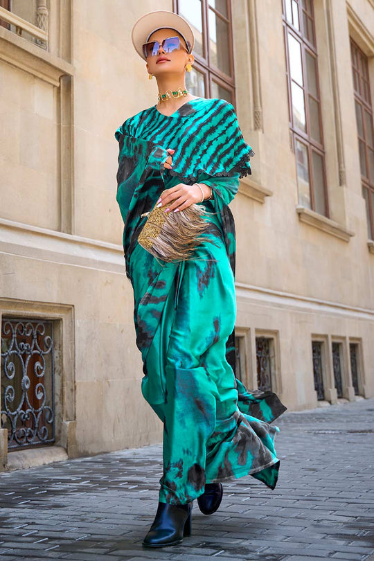 Buy Kubik Teal Abstract Print Satin Crepe Saree Online - One Minute Saree