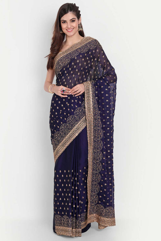 Buy Nina Navy Art Silk Golden Zari Embroidered One Minute Saree Online - One Minute Saree