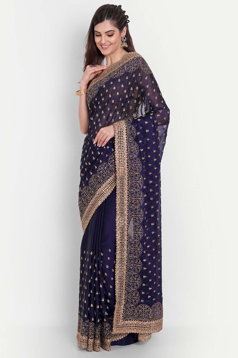 Buy Nina Navy Art Silk Golden Zari Embroidered One Minute Saree Online