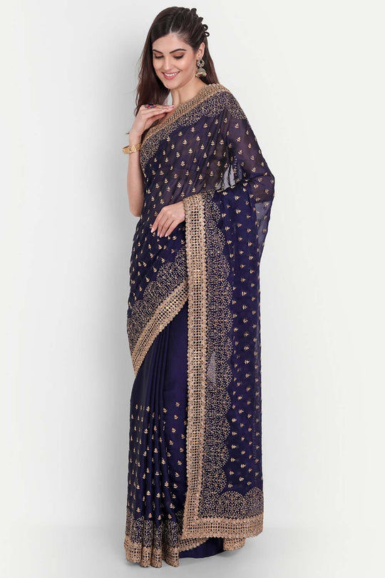 Buy Nina Navy Art Silk Golden Zari Embroidered One Minute Saree Online