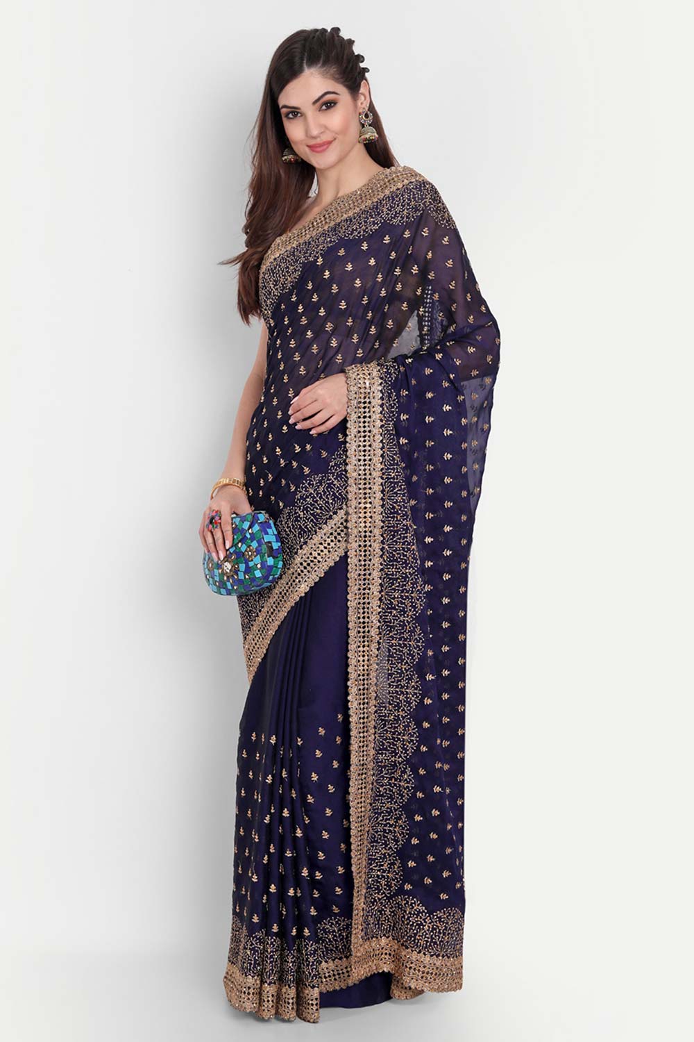 Buy Nina Navy Art Silk Golden Zari Embroidered One Minute Saree Online - Front