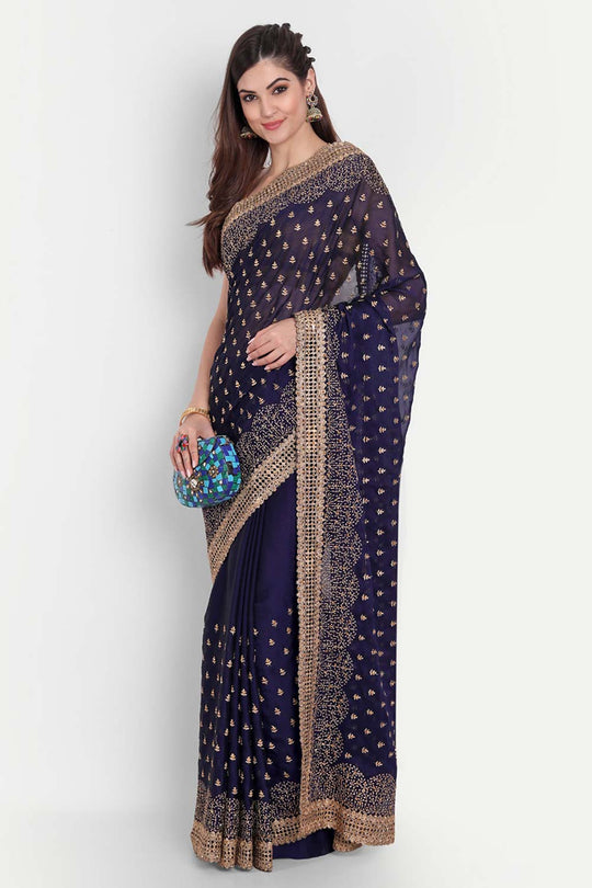 Buy Nina Navy Art Silk Golden Zari Embroidered One Minute Saree Online - Front
