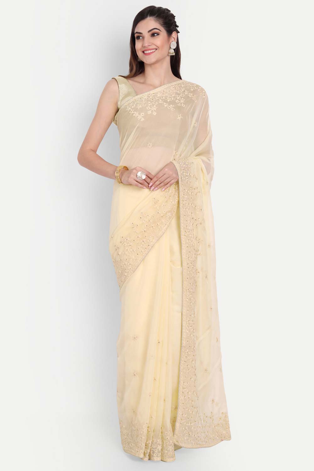 Buy Luna Beige Organza Self Thread Embroidered One Minute Saree Online - One Minute Saree