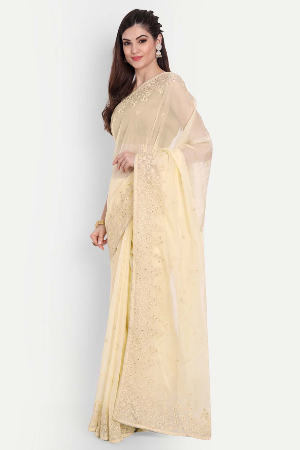 Buy Luna Beige Organza Self Thread Embroidered One Minute Saree Online