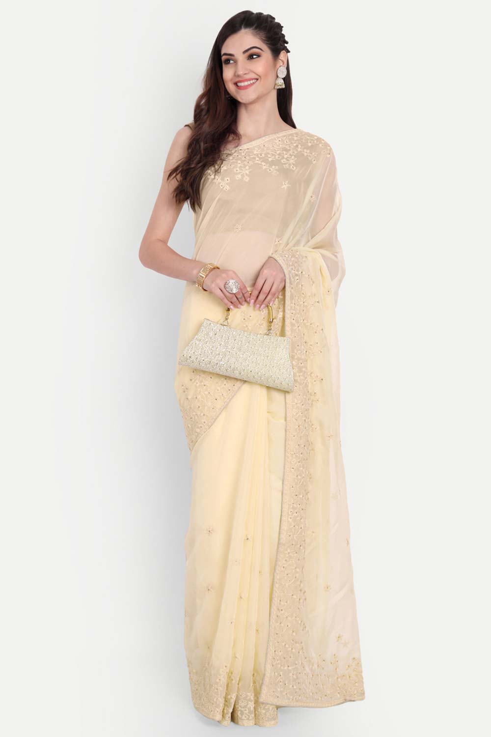 Buy Luna Beige Organza Self Thread Embroidered One Minute Saree Online - Front