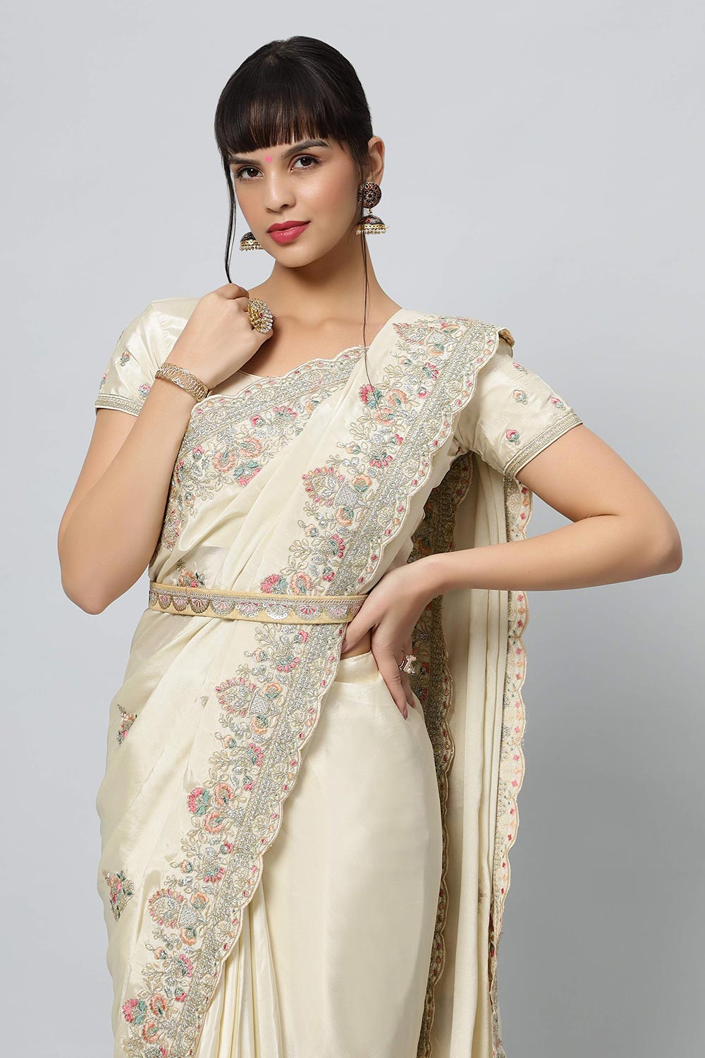 Noor Cream Royal Embroidered Crepe One Minute Saree