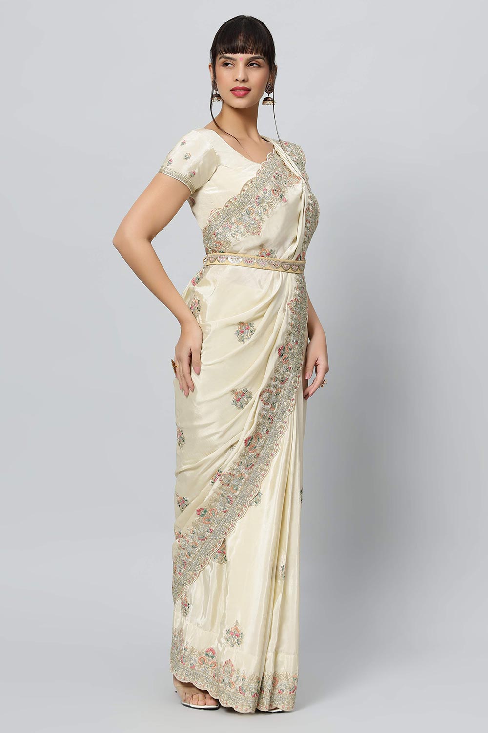 Buy Noor Cream Royal Embroidered Crepe One Minute Saree Online - One Minute Saree