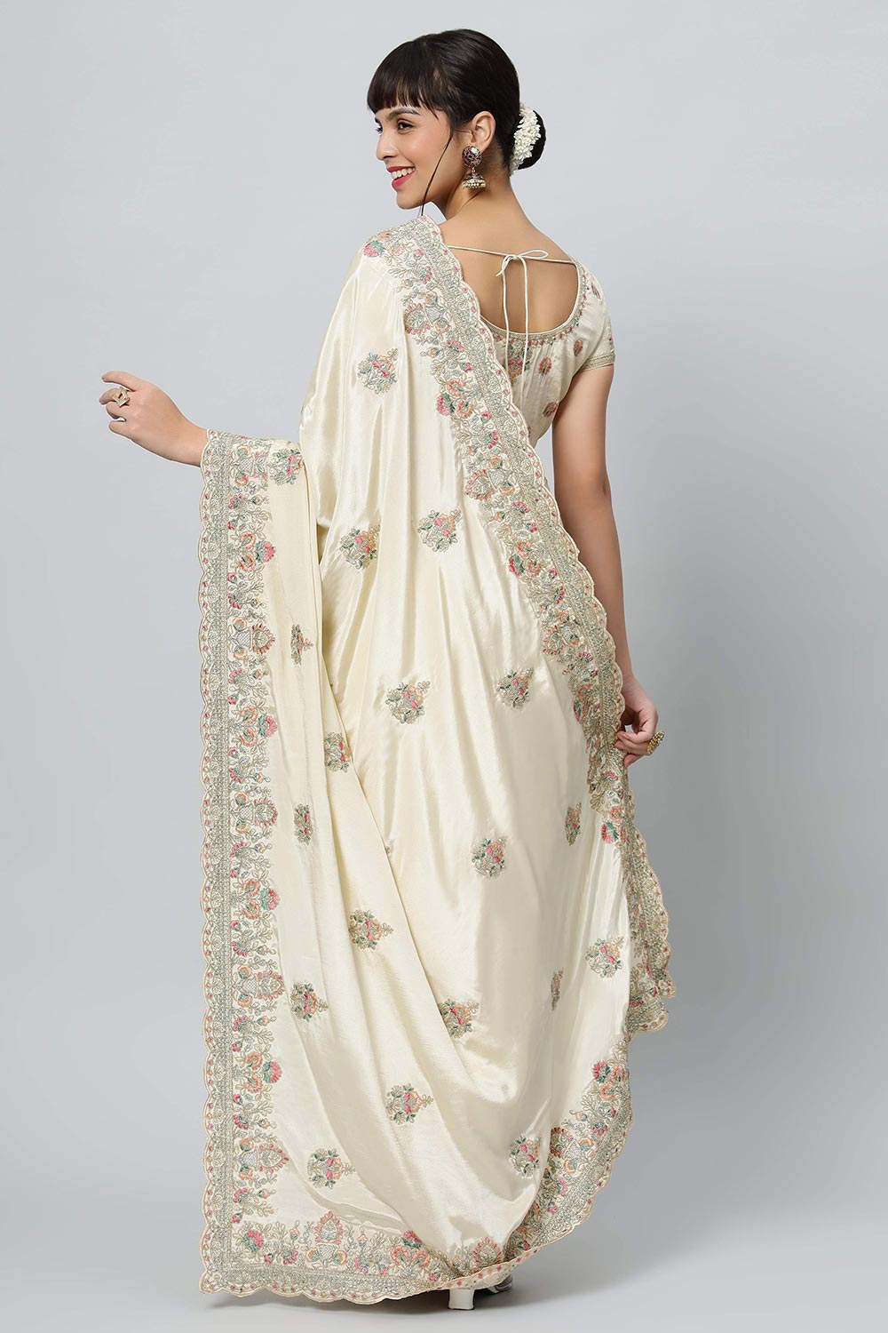 Shop Noor Cream Royal Embroidered Crepe One Minute Saree at best offer at our  Store - One Minute Saree