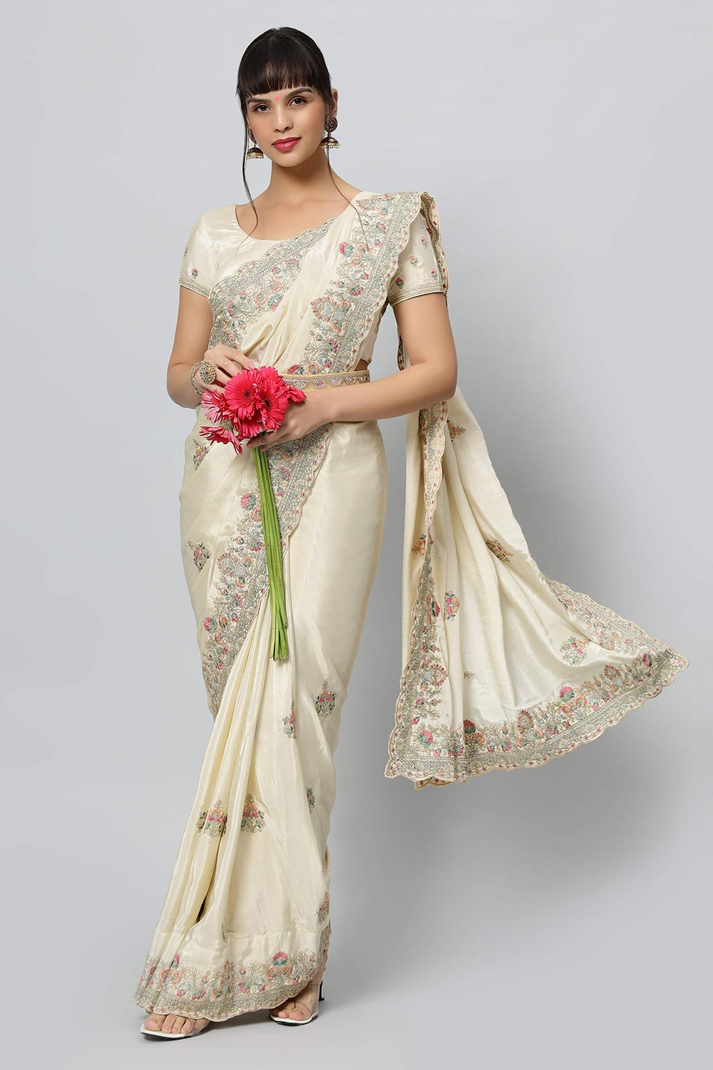 Buy Noor Cream Royal Embroidered Crepe One Minute Saree Online - Back