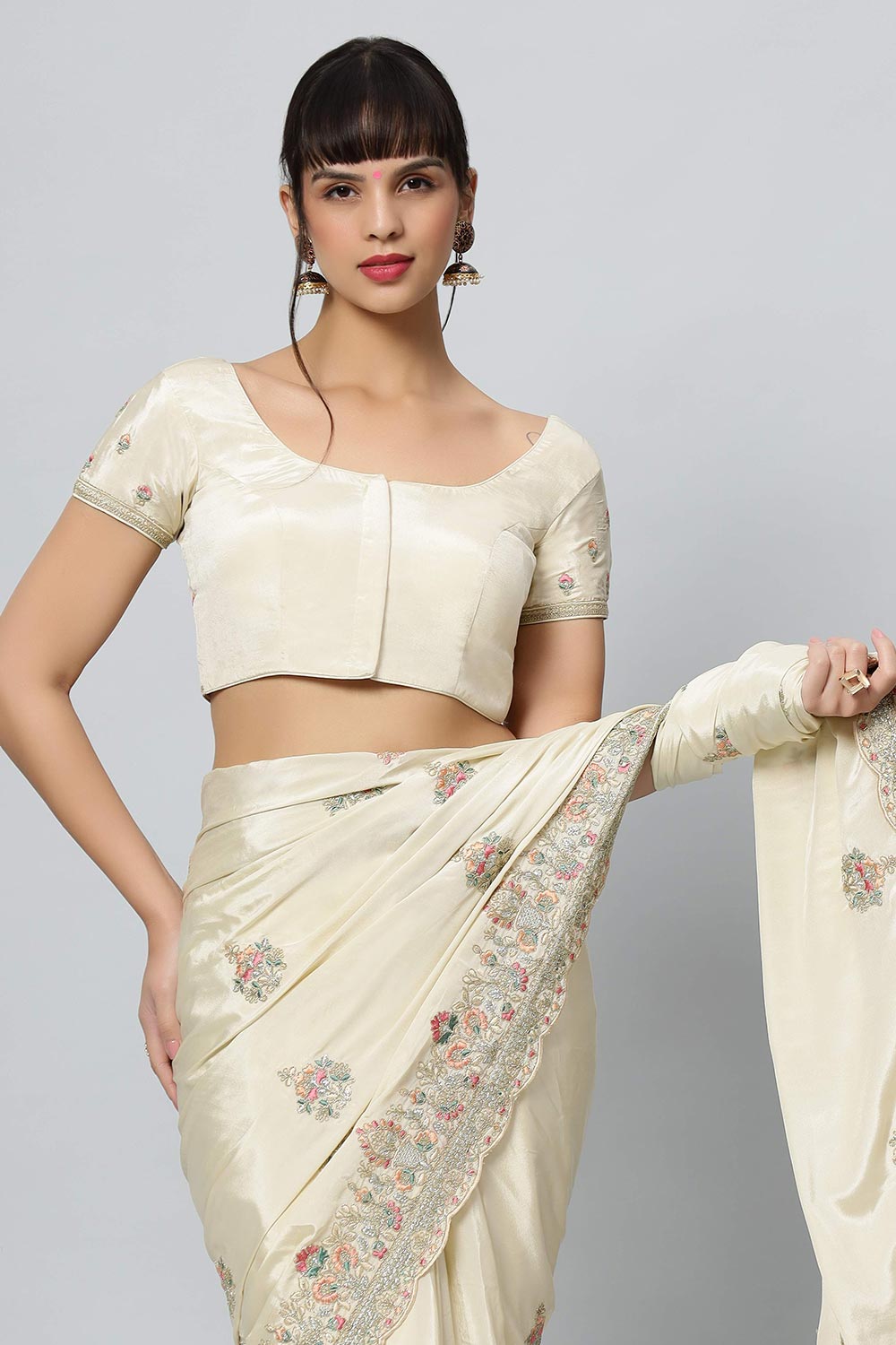 Buy Noor Cream Royal Embroidered Crepe One Minute Saree Online - Front