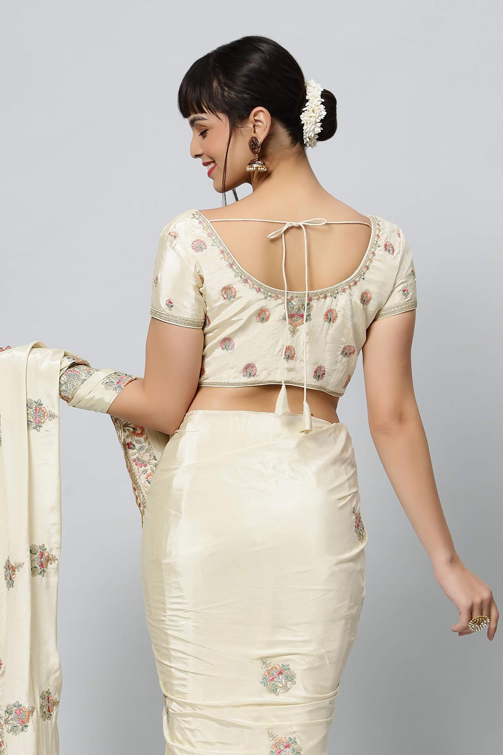 Buy Noor Cream Royal Embroidered Crepe One Minute Saree Online - Side