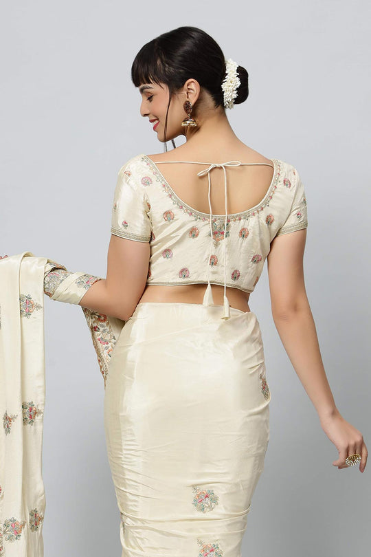 Buy Noor Cream Royal Embroidered Crepe One Minute Saree Online - Side
