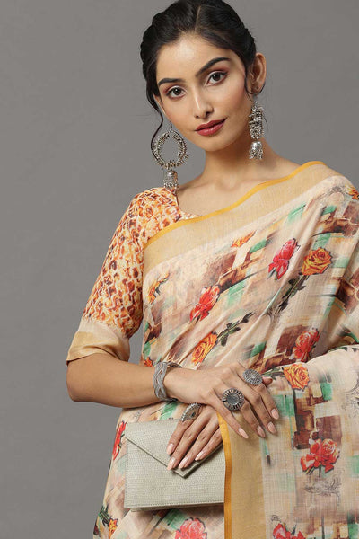 Buy Suri Off-White Banarasi Linen One Minute Saree Online - Front