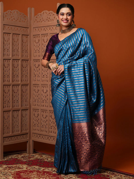 Shop Sita Turquoise Blue Silk Blend Banarasi Striped Saree at best offer at our  Store - One Minute Saree
