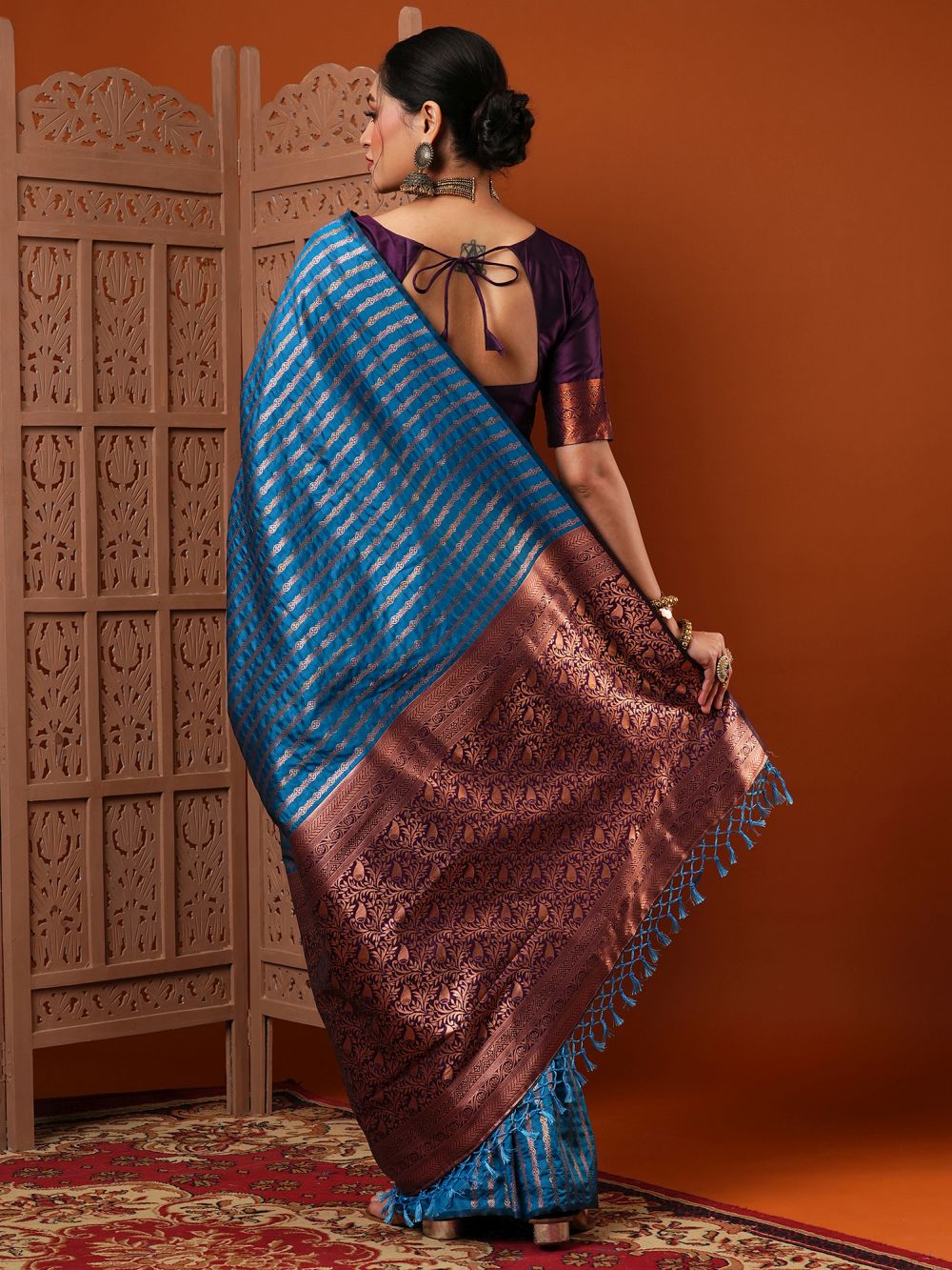 Buy Sita Turquoise Blue Silk Blend Banarasi Striped Saree Online