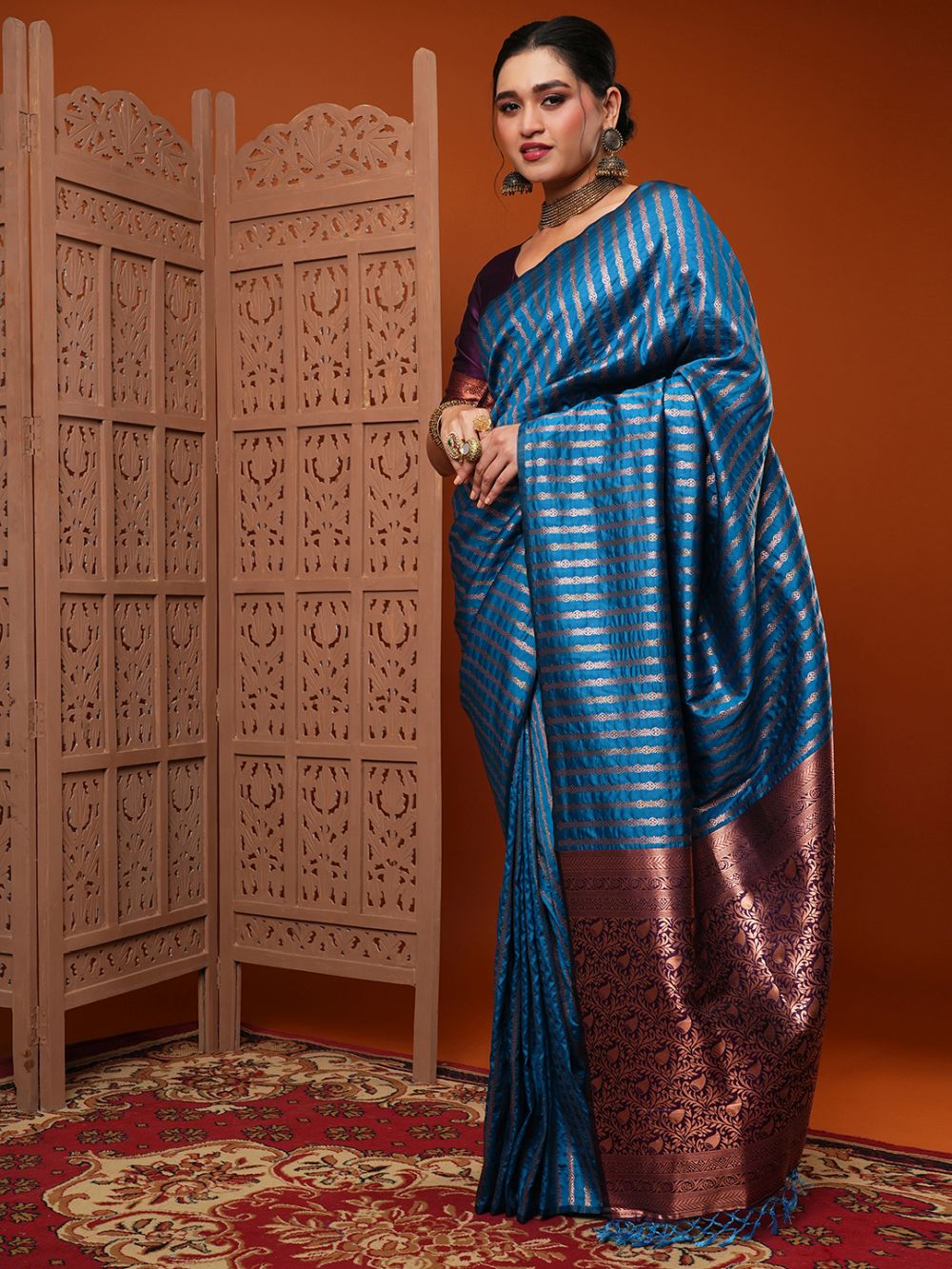 Buy Sita Turquoise Blue Silk Blend Banarasi Striped Saree Online - Back