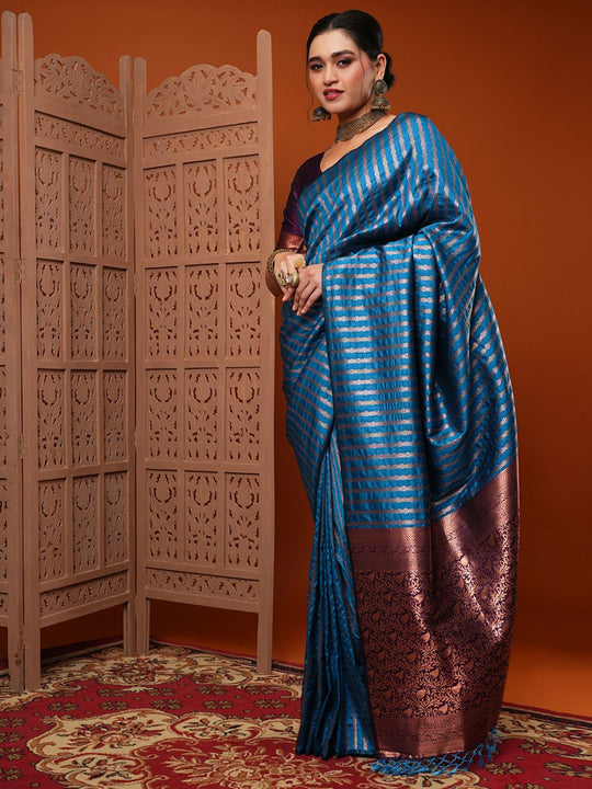 Buy Sita Turquoise Blue Silk Blend Banarasi Striped Saree Online - Back