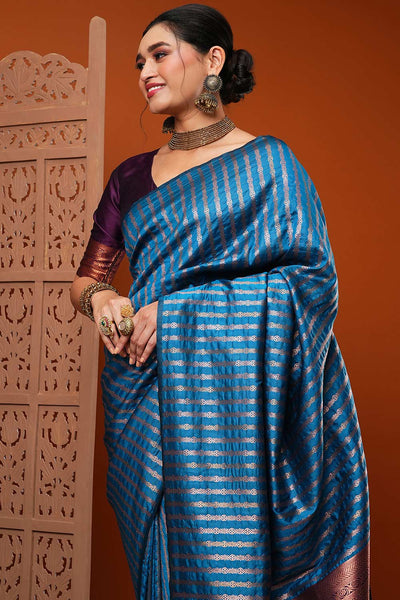 Buy Sita Turquoise Blue Silk Blend Banarasi Striped Saree Online - One Minute Saree