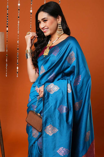 Buy Sandhya Turquiose Blue Silk Blend Banarasi One Minute Saree Online - One Minute Saree