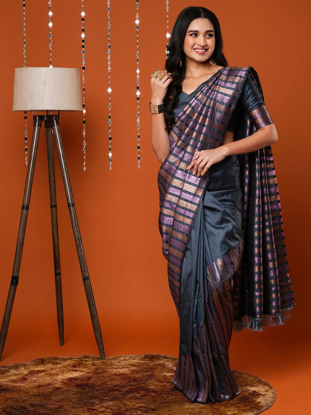 Shop Petra Grey Silk Blend Banarasi Striped One Minute Saree at best offer at our  Store - One Minute Saree